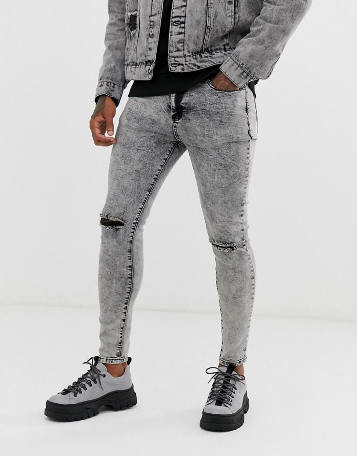 Liquor N Poker Skinny Jeans In Bleached Acid Wash-black