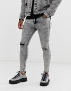 Liquor N Poker Skinny Jeans In Bleached Acid Wash-black