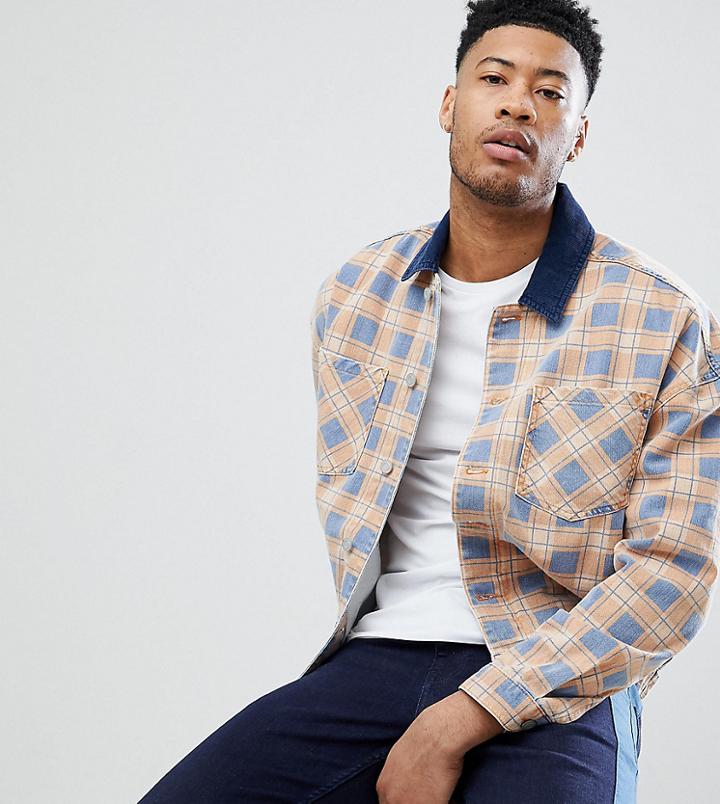 Asos Design Festival Tall Checked Oversized Denim Jacket In Orange - Orange