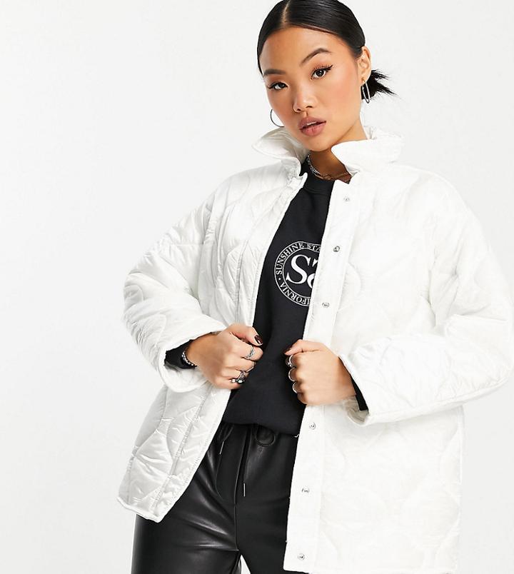 Asos Design Petite Onion Quilt Puffer Shacket In White - Cream