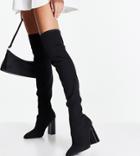 Public Desire Wide Fit Focus Over The Knee Block Heel Boots In Black Knit