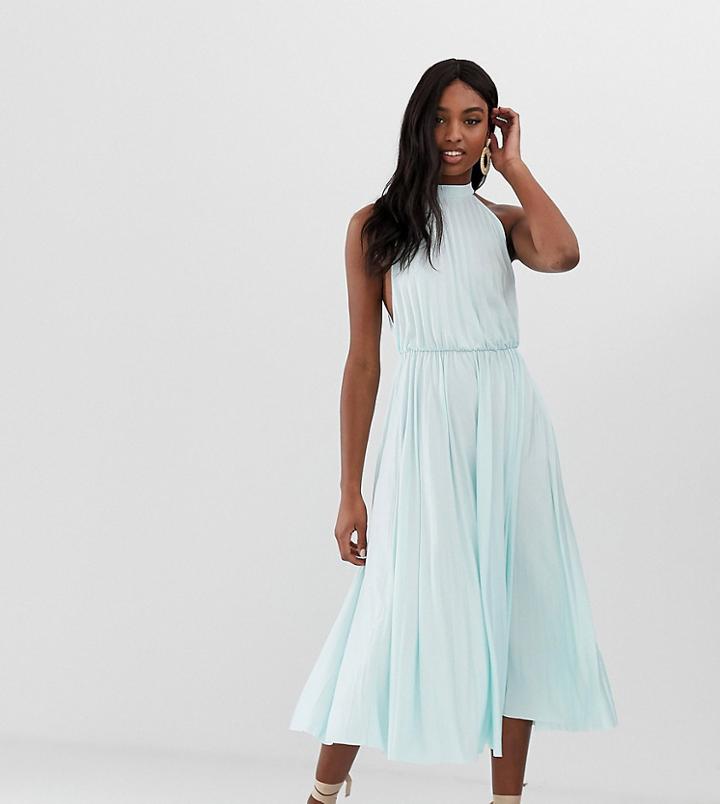 Asos Design Tall Halter Pleated Waisted Midi Dress-green
