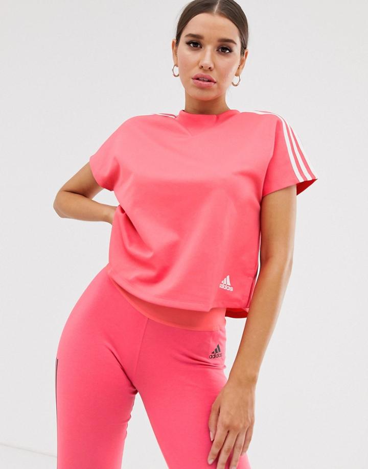 Adidas Training Boxy Three Stripe T-shirt In Pink - Pink