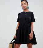 Asos Design Petite Mini Smock Dress With Pockets And Button Front - Black
