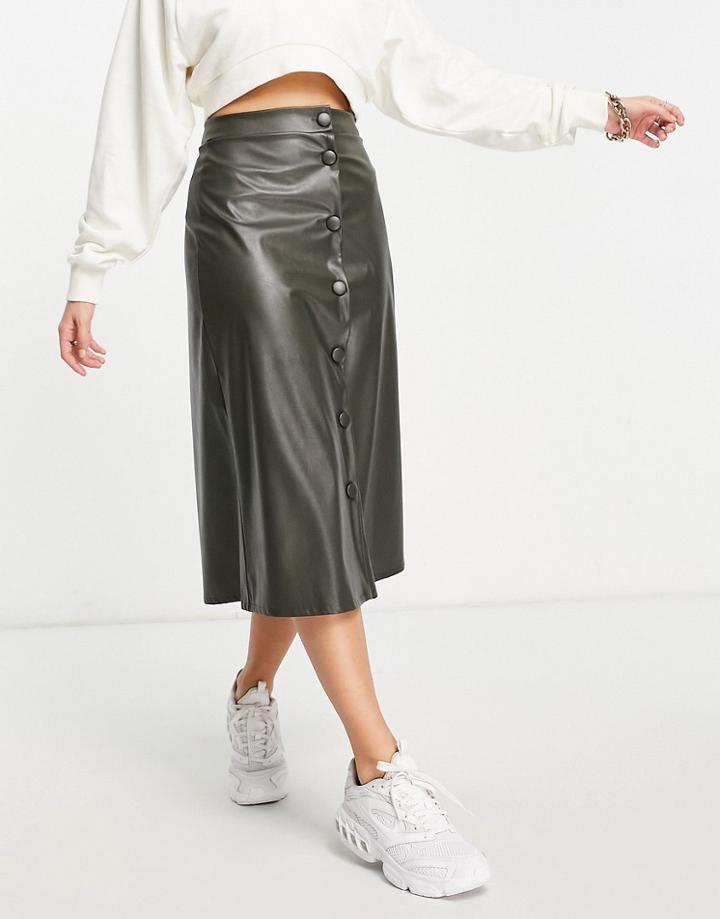 Asos Design Button Up Midi Skirt In Deep Khaki-green