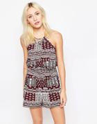 Influence Tie Front Printed Romper - Burgandy