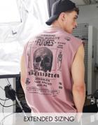 Asos Design Oversized Tank Top In Pink With Band Skull Back Puff Print