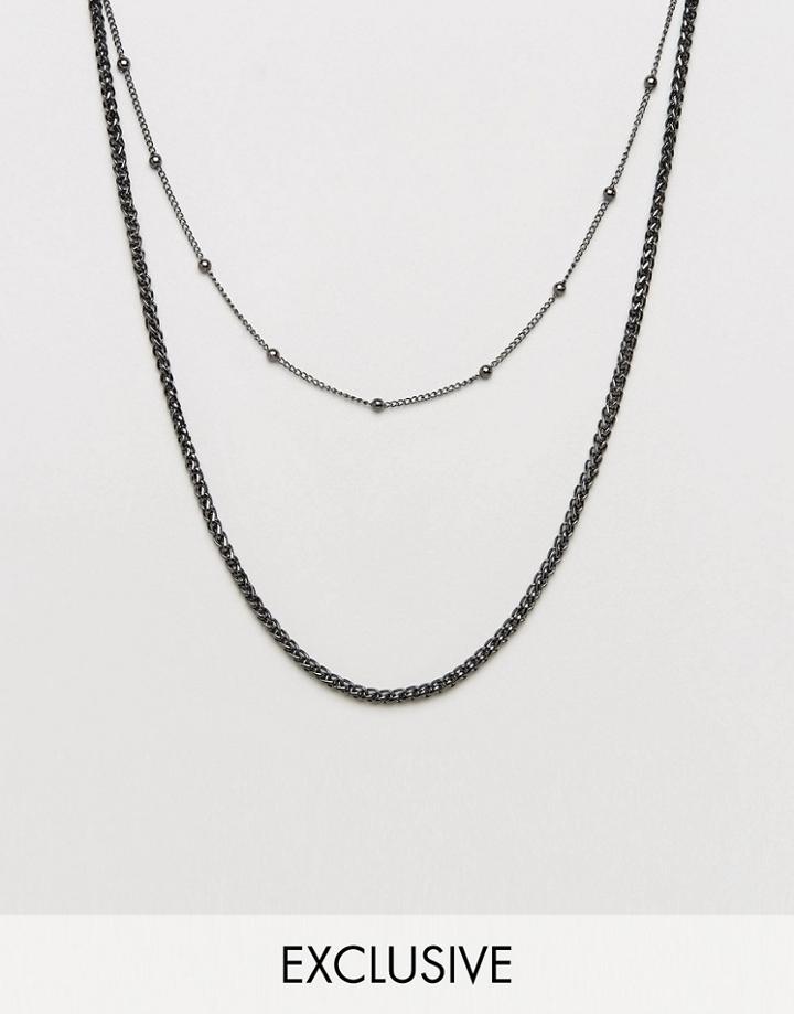 Designb London Double Chain Necklace In Black Exclusive To Asos - Silver
