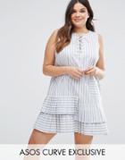 Asos Curve Stripe Swing Dress With Ruffle Hem And Tie Front - Multi