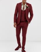 Asos Design Wedding Super Skinny Suit Pants In Micro Texture Burgundy-red