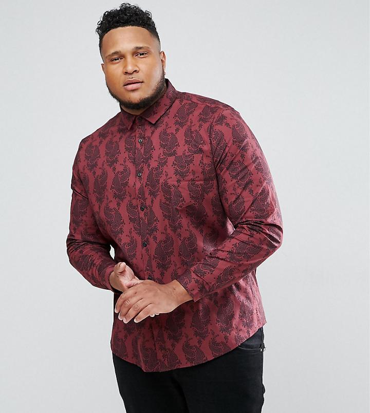 Asos Plus Stretch Slim Shirt With Paisley Floral Print - Red