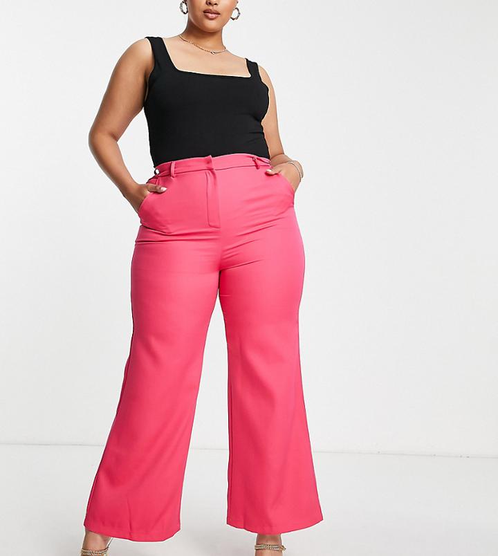 Naanaa Plus High Waisted Straight Leg Pants In Fuschia-pink