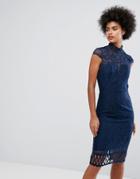 Chi Chi London Cap Sleeve Lace Pencil Dress In Cutwork Lace And High Neck - Navy