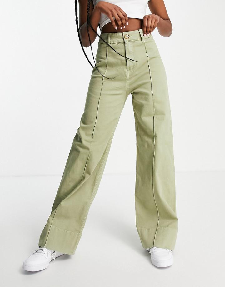 Stradivarius Seam Front Crop Wide Jean In Khaki-green