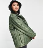 Asos Design Petite Nylon Linear Quilted Jacket In Dark Khaki-green