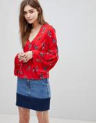 Influence V Neck Flared Sleeve Floral Top - Red