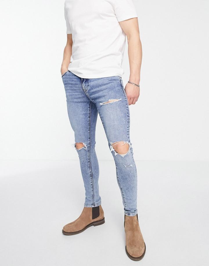 Asos Design Spray On Jeans With Power Stretch In Mid Wash With Knee Rips And Abrasions-blue