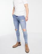 Asos Design Spray On Jeans With Power Stretch In Mid Wash With Knee Rips And Abrasions-blue