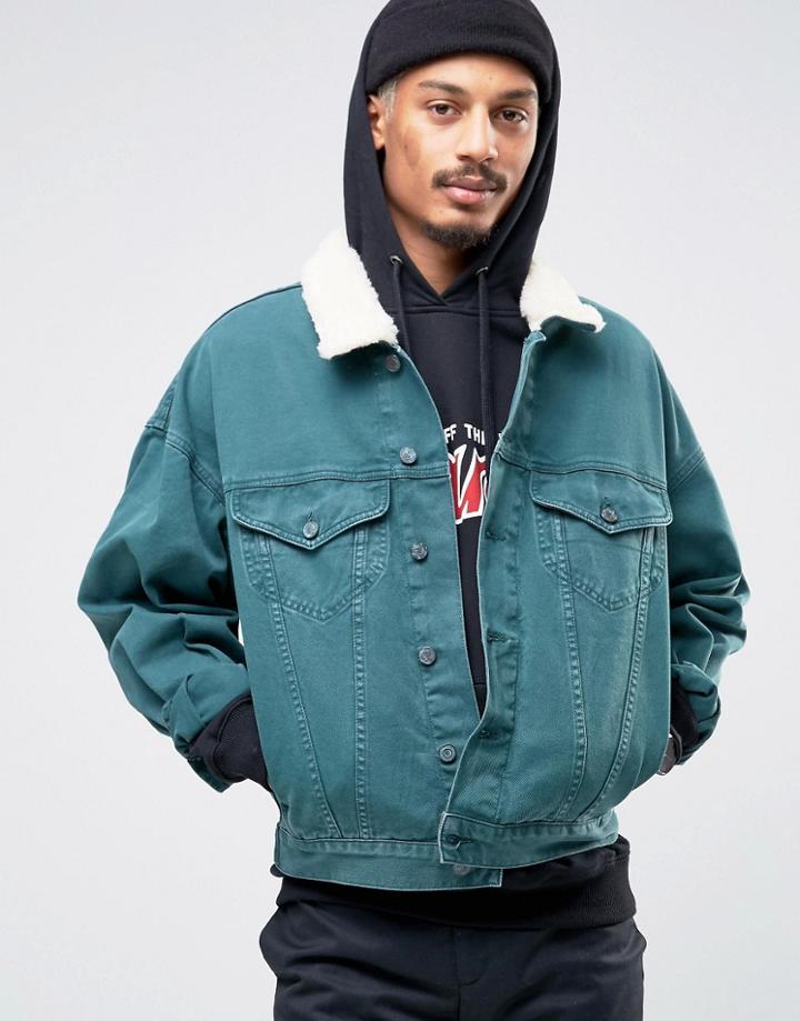 Asos Oversized Denim Jacket In Bottle Green With Fleece Collar - Green