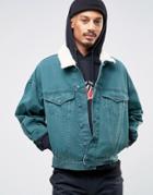 Asos Oversized Denim Jacket In Bottle Green With Fleece Collar - Green
