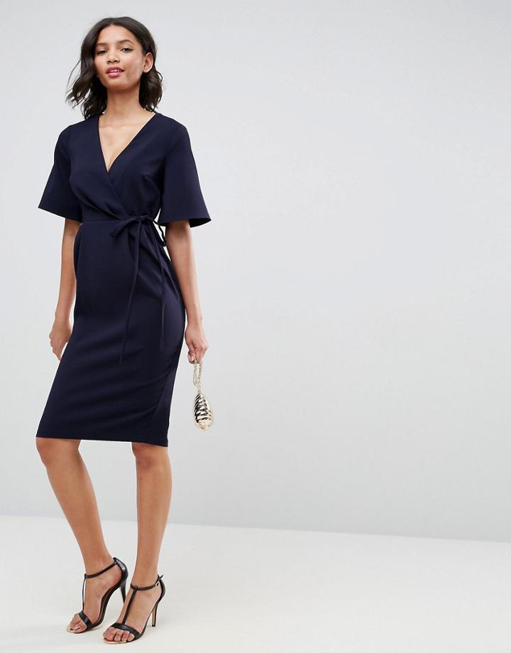 Asos Midi Wrap Dress With Tie Detail - Navy