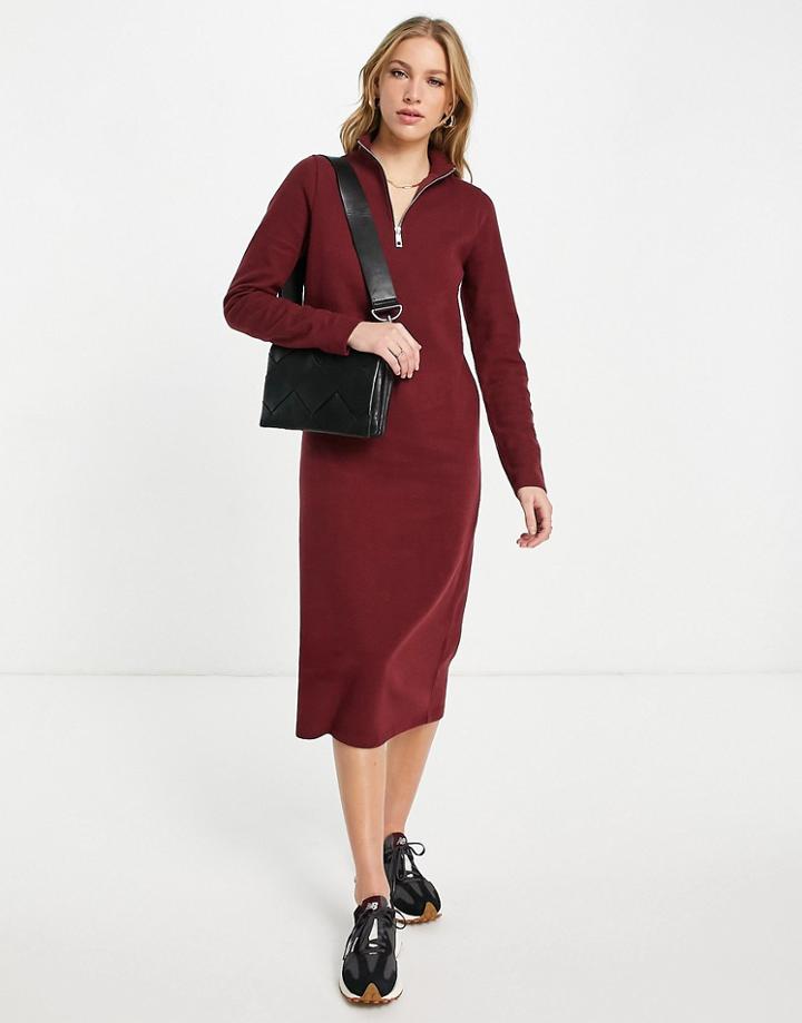 Asos Design Super Soft Zip Front Polo Shirt Midi Sweater Dress In Merlot-red