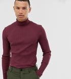 Asos Design Tall Muscle Fit Long Sleeve Roll Neck T-shirt In Rib In Burgundy