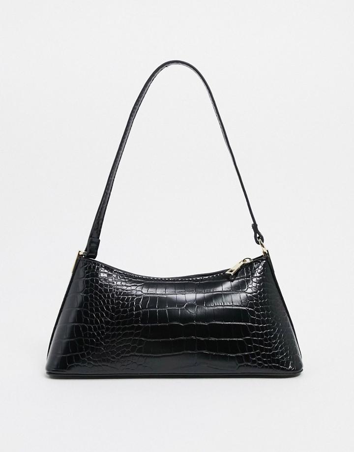 Asos Design Black Croc Effect Shoulder Bag With Hardware Tabs