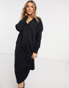 Asos Design Sweatshirt Midi Dress With V Neck In Black