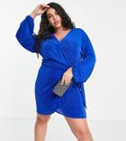 Asos Design Curve Wrap Slinky Blouson Sleeve Dress In Electric Blue