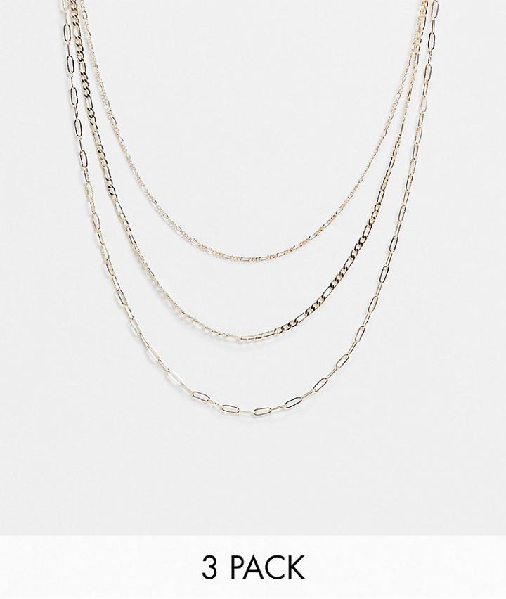 Asos Design Pack Of 3 Necklaces In Mixed Fine Chains In Gold Tone