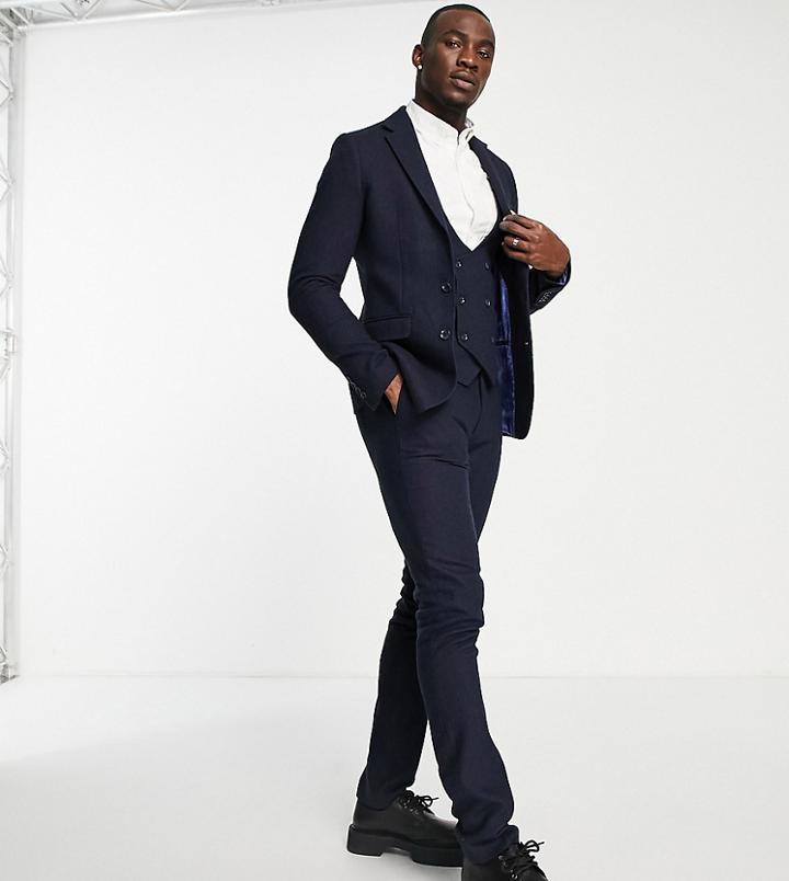 Gianni Feraud Tall Wool Mix Navy Herringbone Slim Fit Pants