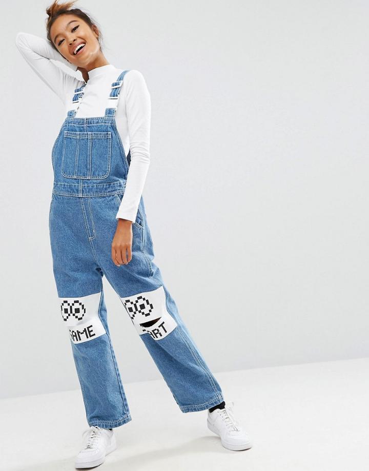 Mini Cream Overalls In Denim With Knee Patch Detail - Blue