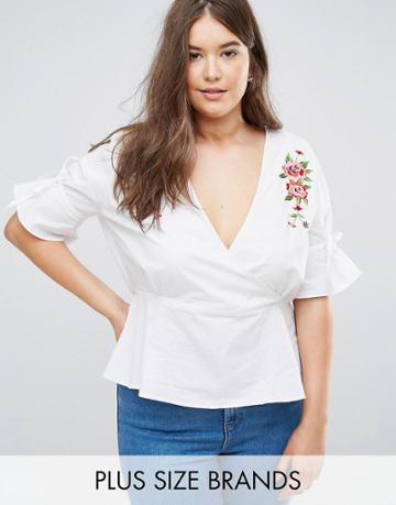 Influence Plus Peplum Wrap Embroidered Top - White