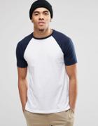 Asos T-shirt With Contrast Raglan Sleeves In White/navy - White