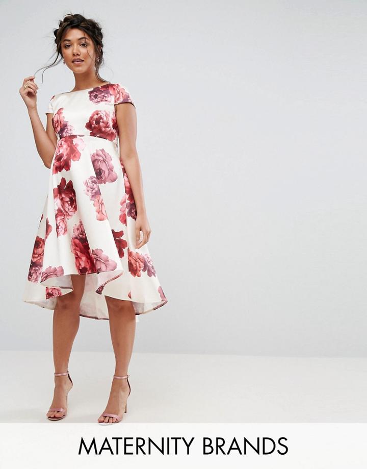 Chi Chi London Maternity Floral Midi Dress With Dip Hem - Multi