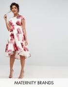 Chi Chi London Maternity Floral Midi Dress With Dip Hem - Multi