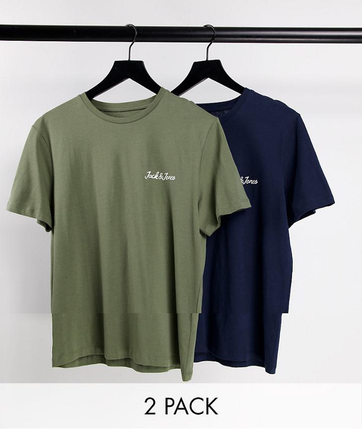 Jack & Jones Essentials 2 Pack T-shirts With Script Chest Logo In Navy And Khaki-multi