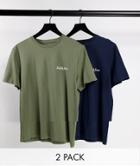 Jack & Jones Essentials 2 Pack T-shirts With Script Chest Logo In Navy And Khaki-multi