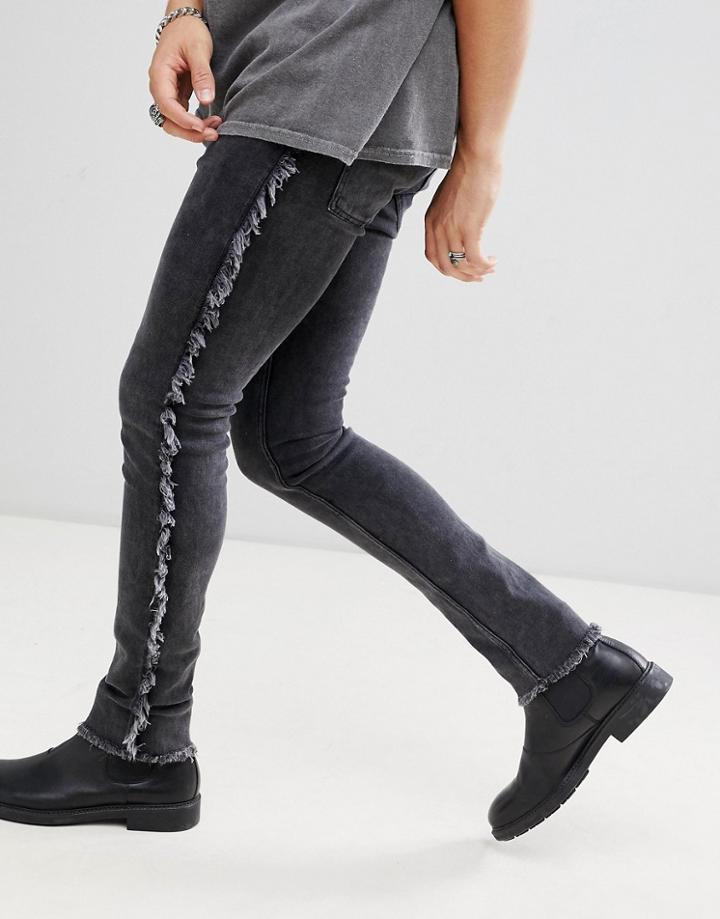Asos Design Super Skinny Jean In Washed Black With Frayed Side Stripe - Black