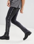 Asos Design Super Skinny Jean In Washed Black With Frayed Side Stripe - Black