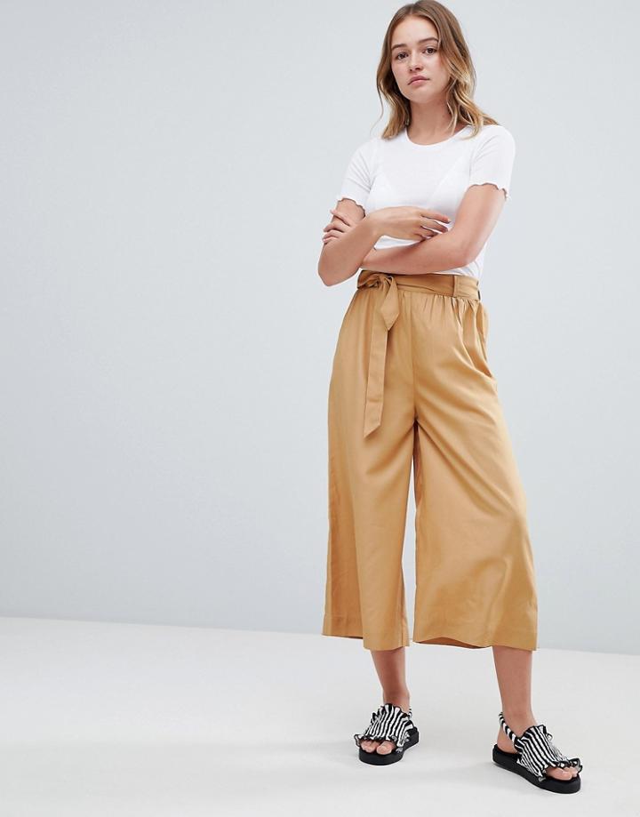 Monki Tie Front Cropped Pants In Sand - Beige