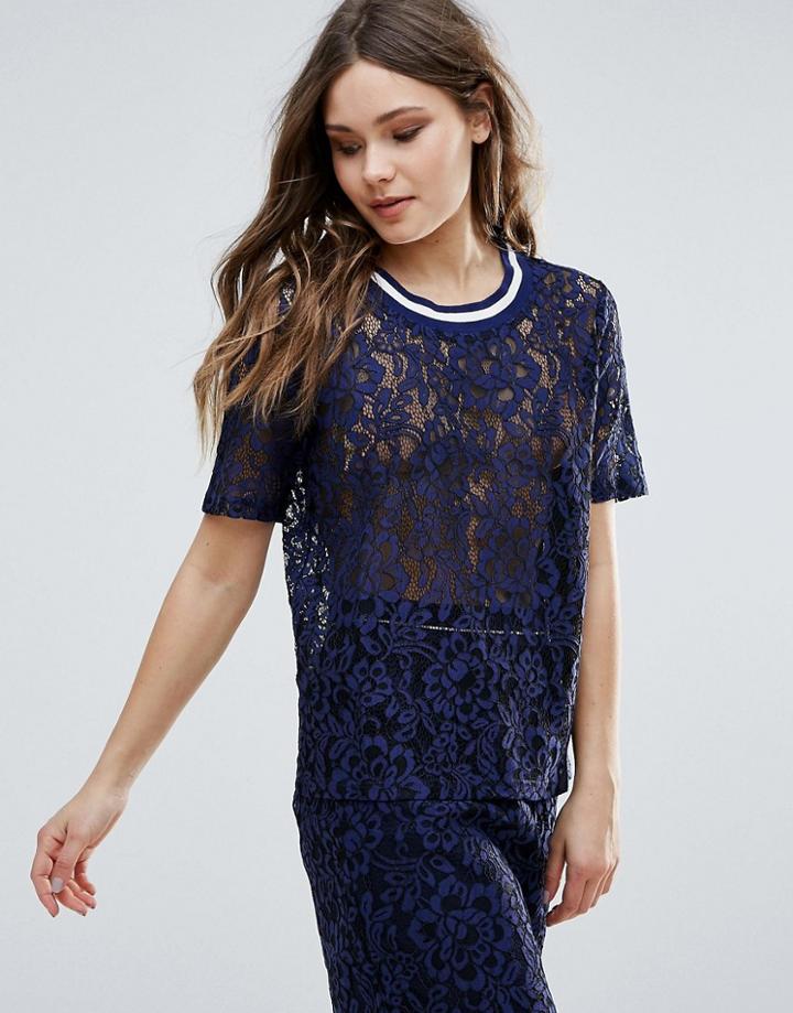 B.young Lace Top With Contrast Trim - Blue