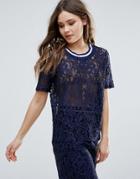 B.young Lace Top With Contrast Trim - Blue