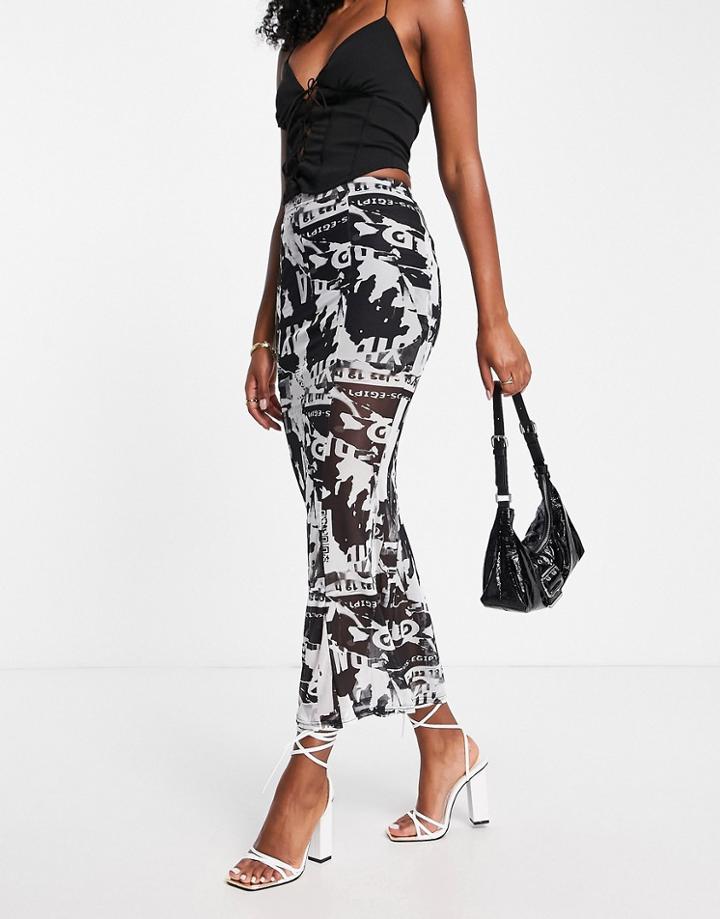 Fashionkilla Mesh Midi Skirt In Newspaper Print-multi