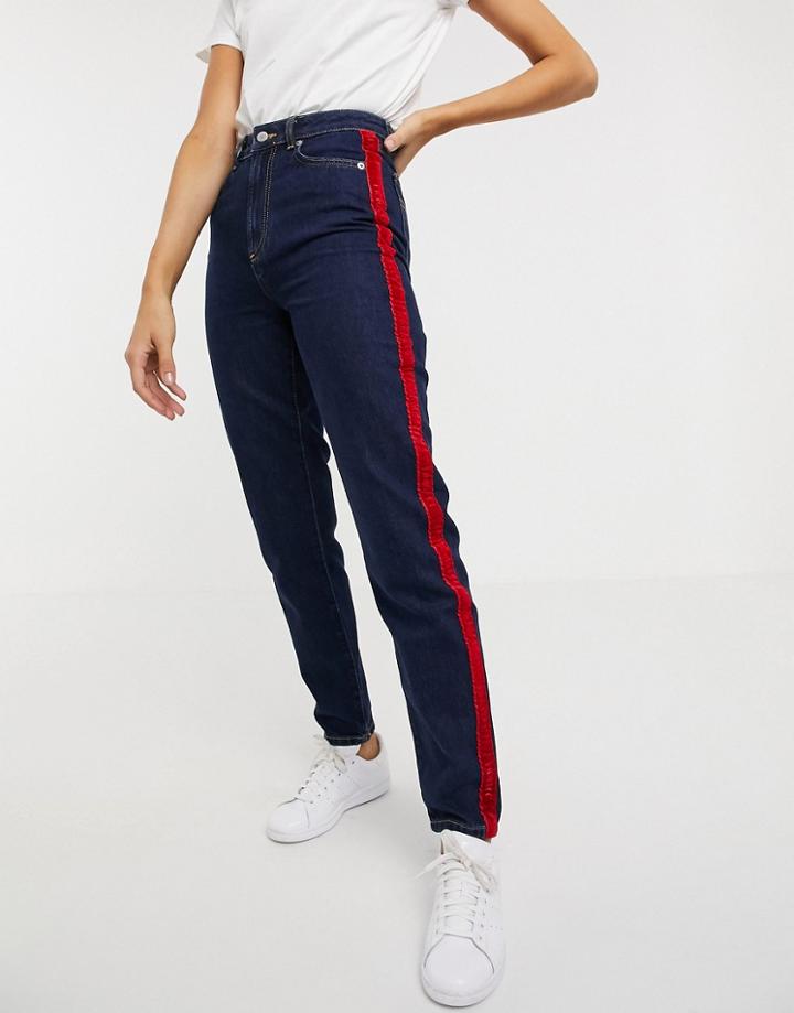 Fiorucci High Rise Jean Velvet Stripe Detail In Darkwash-blue