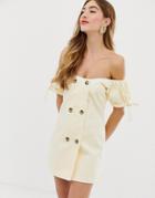 Asos Design Denim Bardot Double Breasted Mini Dress-yellow