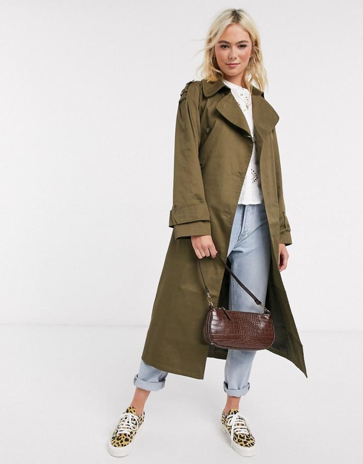 Asos Design Longline Trench Coat In Khaki-green