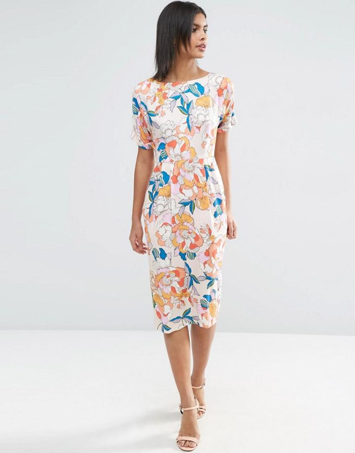 Asos Wiggle Dress In Bright Floral Print - Multi