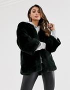 Asos Design Collarless Faux Fur Jacket In Black - Black